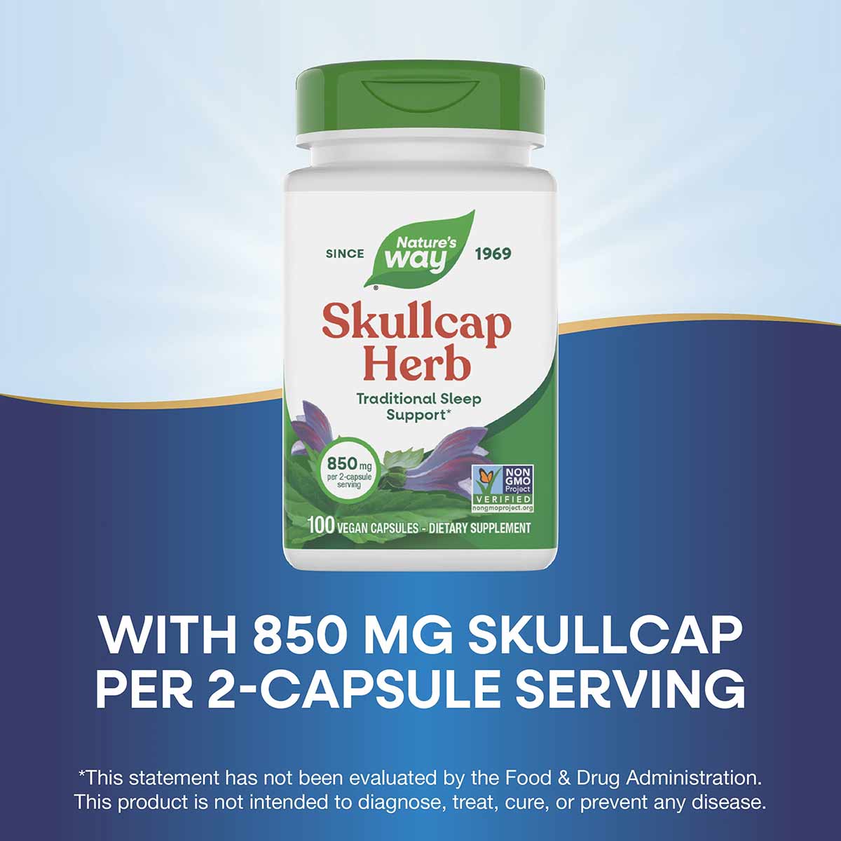 Nature's Way Skullcap Herb bottle with green cap, white label, containing 100 vegan capsules at 850mg per serving.