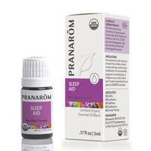 Pranarom Sleep Aid essential oil blend in 5ml dark glass bottle with white dropper cap and white printed label, displayed wit