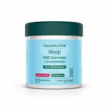 Charlotte's Web Sleep CBD Gummies with 3 mg melatonin in raspberry flavor, 30 gummies per container.