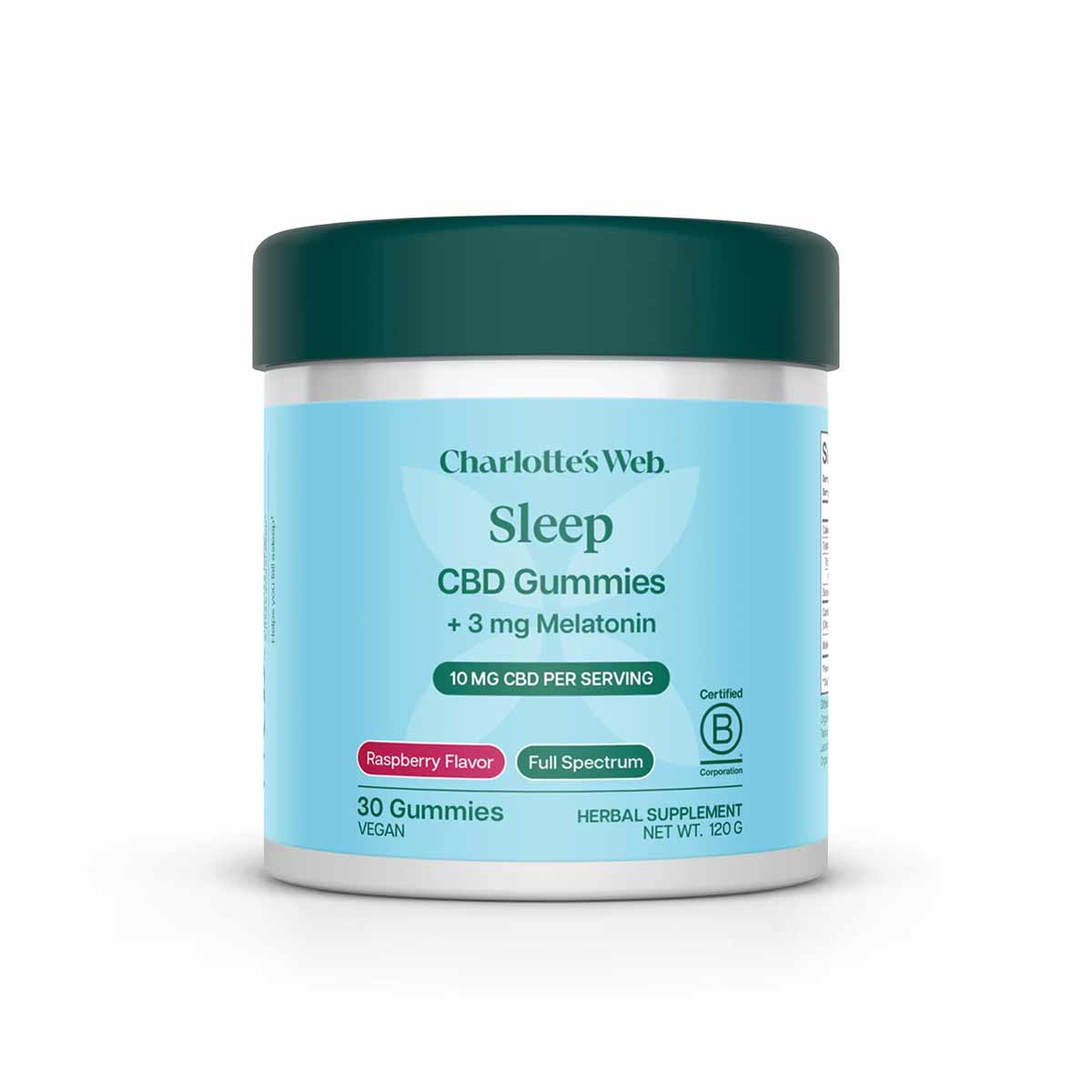 Charlotte's Web Sleep CBD Gummies with 3 mg melatonin in raspberry flavor, 30 gummies per container.