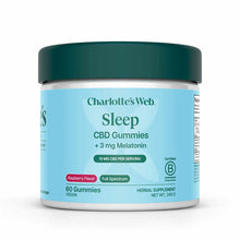 Charlotte's Web Sleep CBD Gummies bottle with teal lid containing 60 raspberry-flavored vegan gummies.