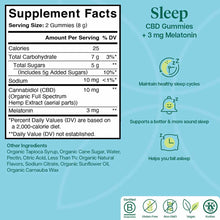 Sleep CBD gummies with 3 mg melatonin in raspberry flavor, shown with supplement facts label on light blue background.