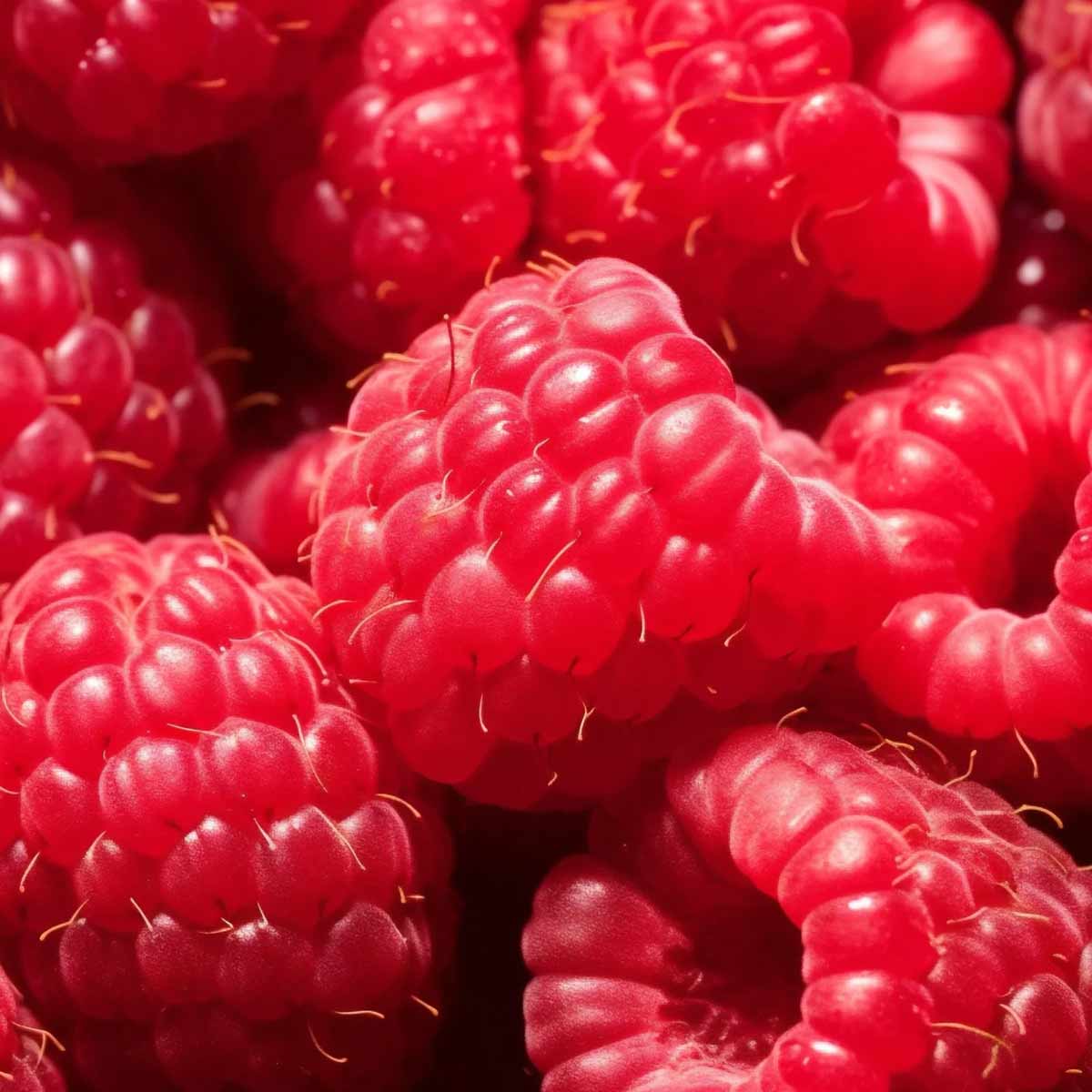 Close-up of fresh red raspberries with small stems visible.
