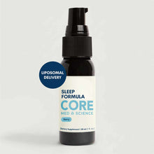 Black spray bottle with white label reading "Sleep Formula" by Core Med Science, berry flavor, 1 oz dietary supplement.