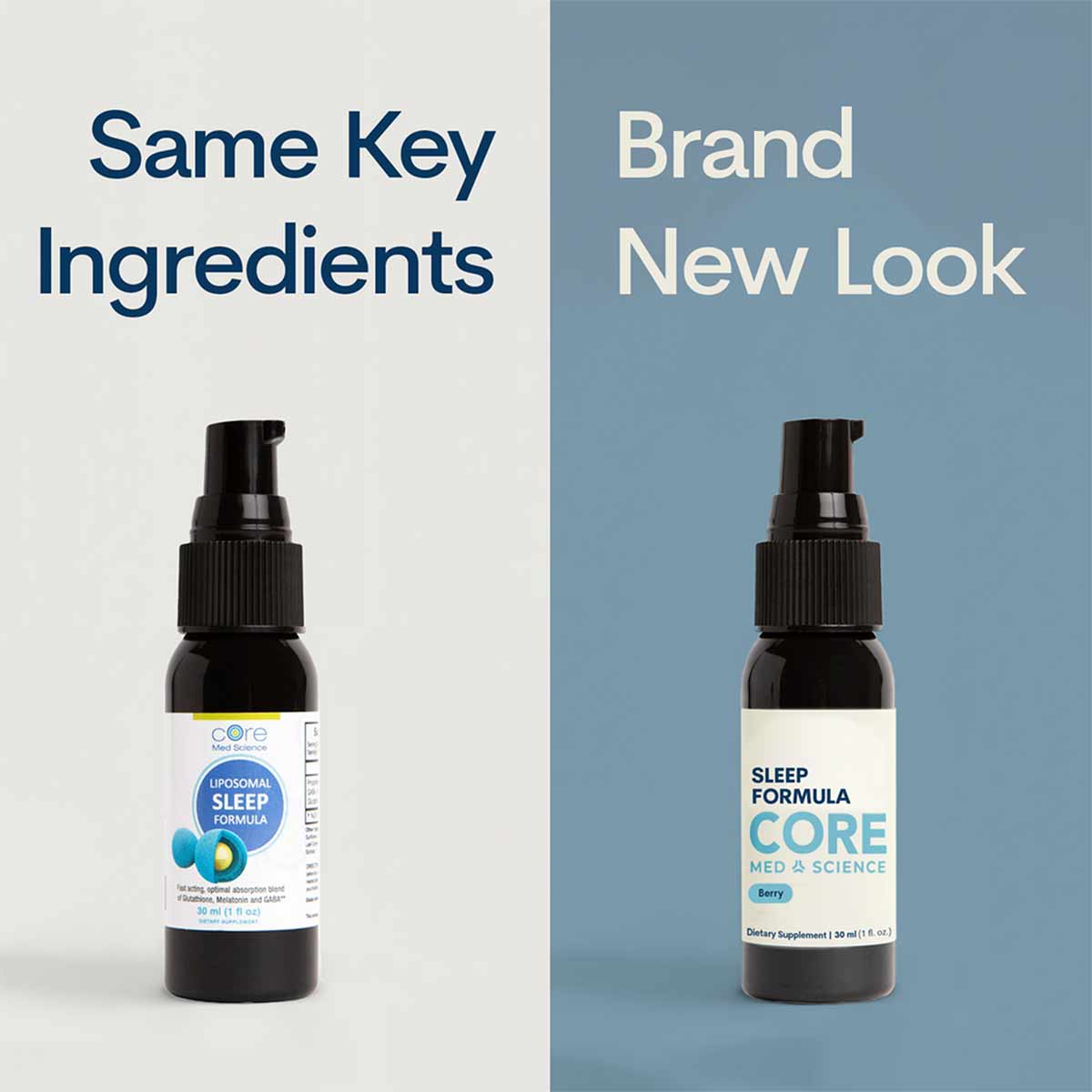 Dark glass spray bottle labeled "Sleep Formula" by Core Med Science, 1 oz size, with black pump top.