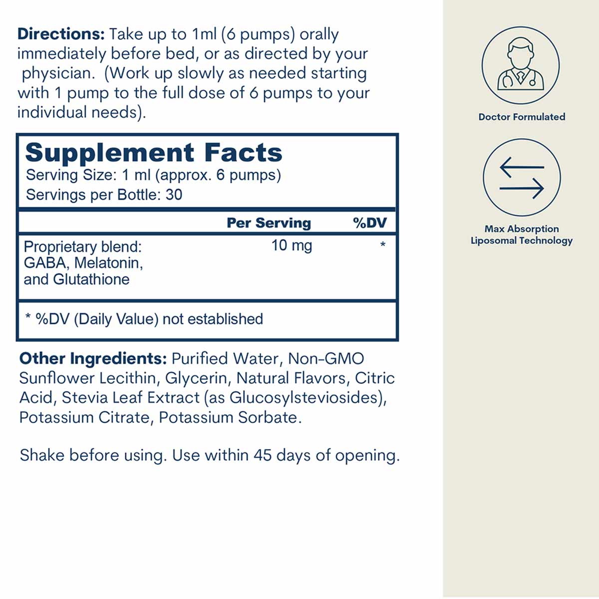 Core Med Science Sleep Formula liquid supplement containing GABA, Melatonin, and Glutathione in 1 oz bottle with directions a