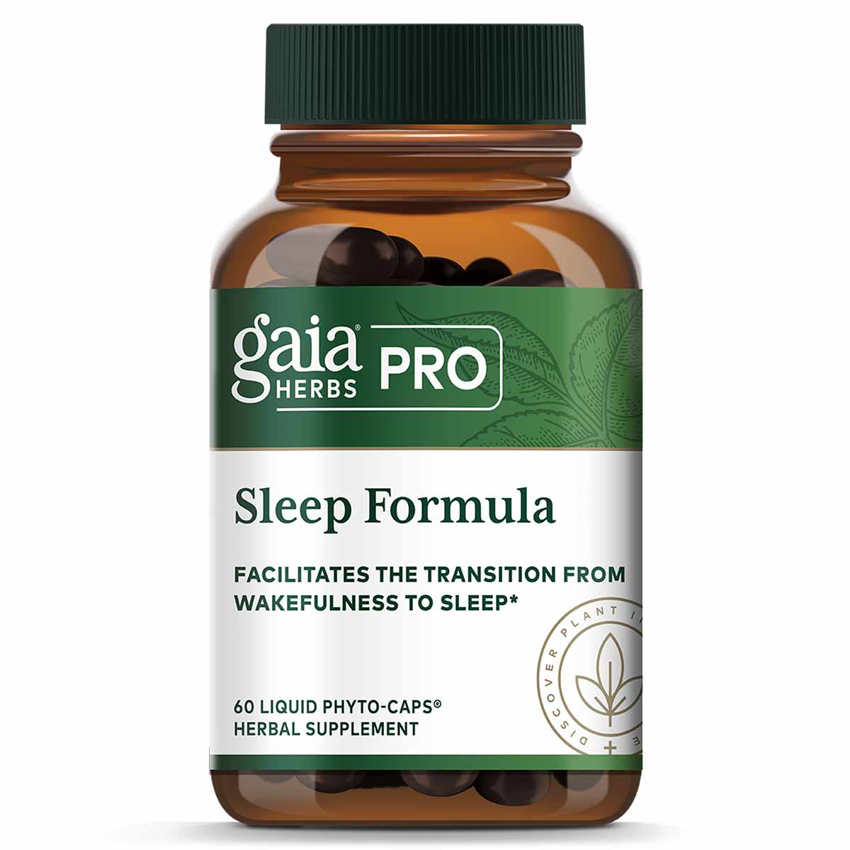 Gaia Herbs Pro Sleep Formula bottle containing 60 dark liquid phyto-capsules with green and white label.