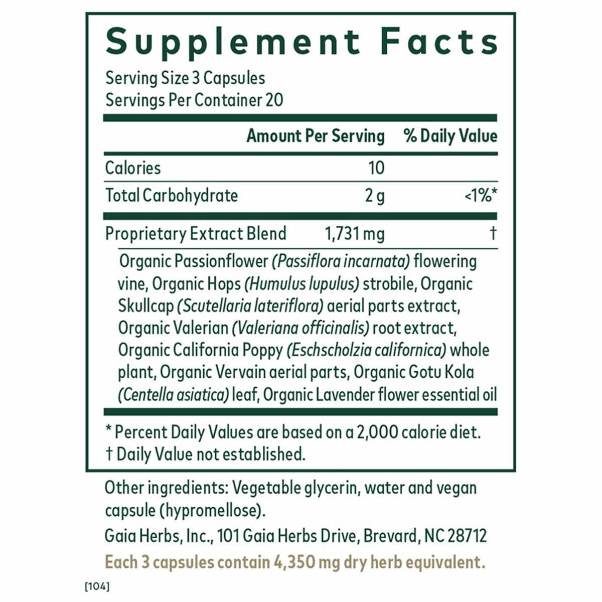 Supplement Facts label for Sleep Formula showing serving size of 3 capsules, proprietary blend of 1,731 mg with organic herbs