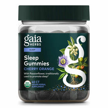 Gaia Herbs Sleep Gummies bottle with dark green cap containing 40 count cherry orange flavored vegan herbal supplement gummie