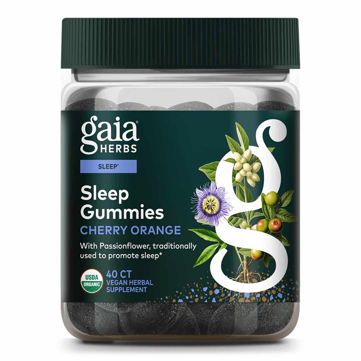 Gaia Herbs Sleep Gummies bottle with dark green cap containing 40 count cherry orange flavored vegan herbal supplement gummie