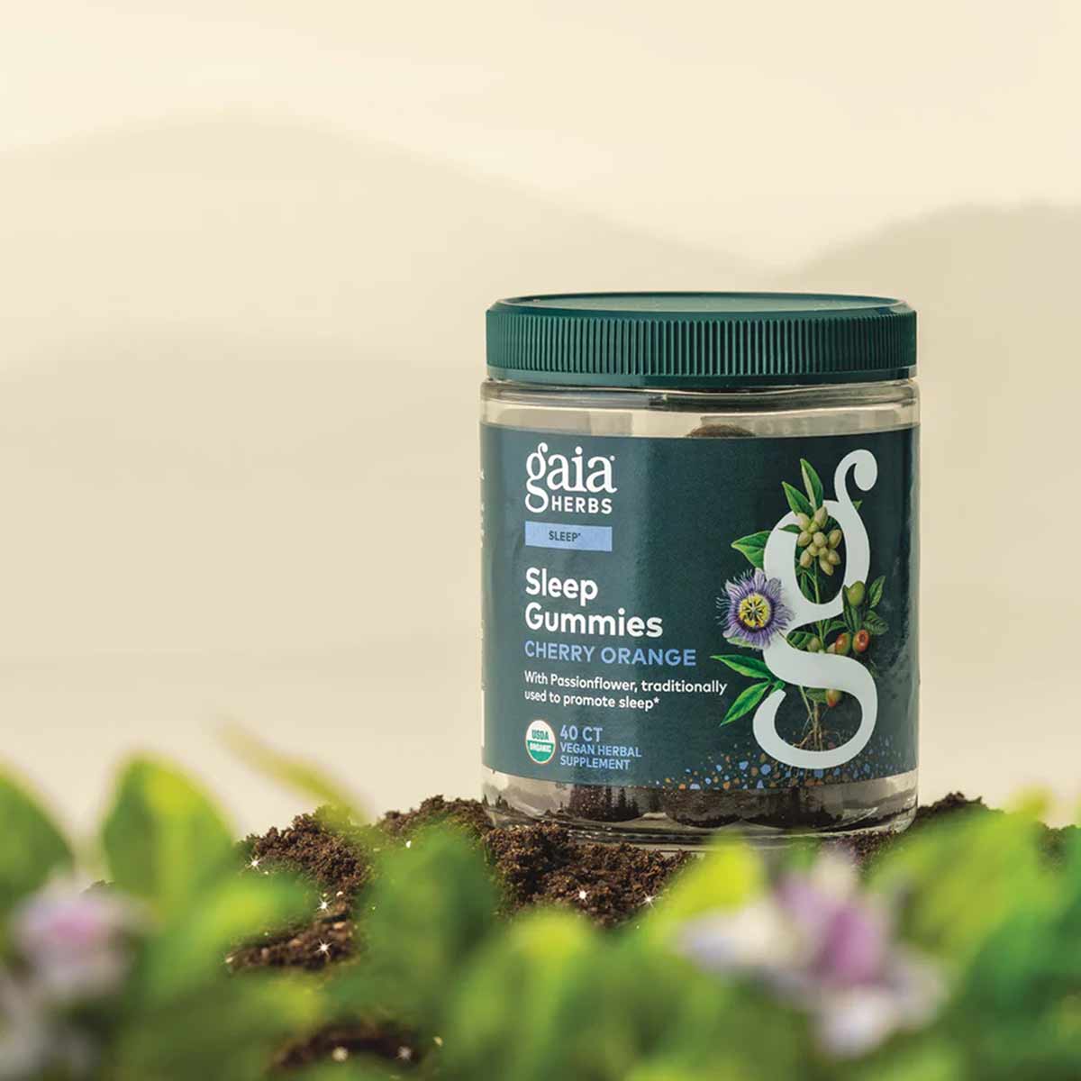 Gaia Herbs Sleep Gummies bottle with teal cap, cherry orange flavor, 40 count, displayed on soil with botanical background.