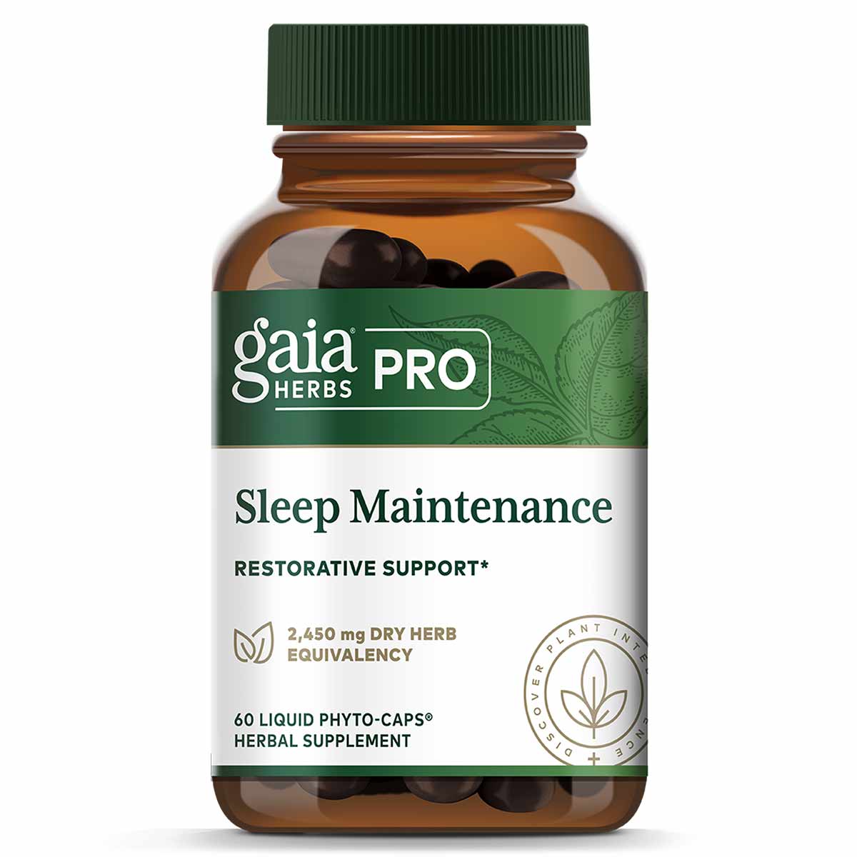 Gaia Herbs Pro Sleep Maintenance bottle containing 60 dark liquid phyto-caps with green cap and white label.