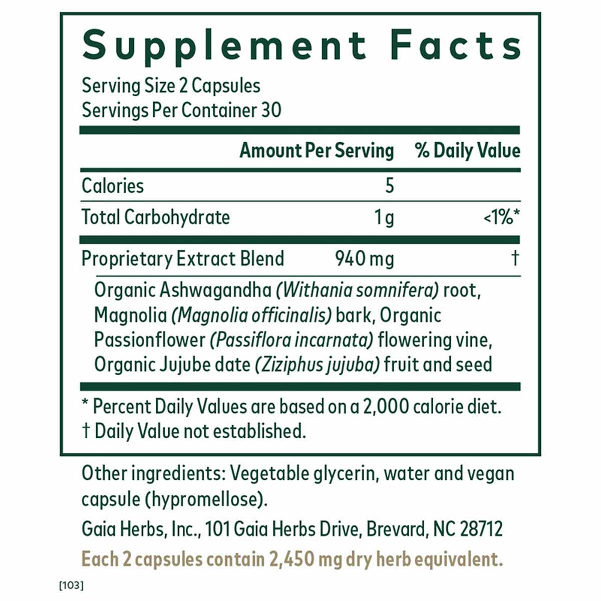 Supplement Facts label for Gaia Herbs Sleep Maintenance showing serving size, nutritional information, and herbal blend ingre