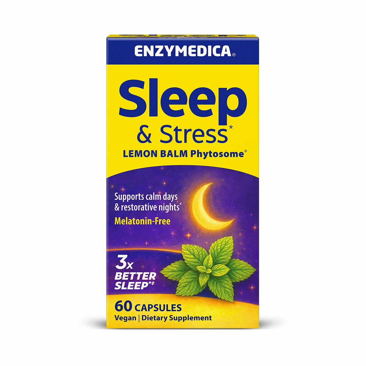 Enzymedica Sleep & Stress Lemon Balm Phytosome bottle with yellow and purple label, 60 vegan capsules.