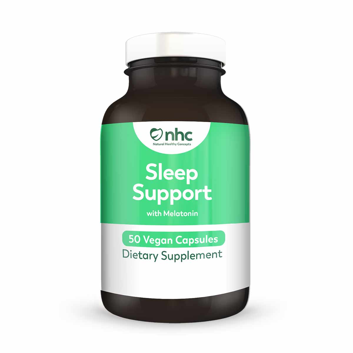 Dark glass bottle with white cap and green label reading "Sleep Support with Melatonin, 50 Vegan Capsules, Dietary Supplement