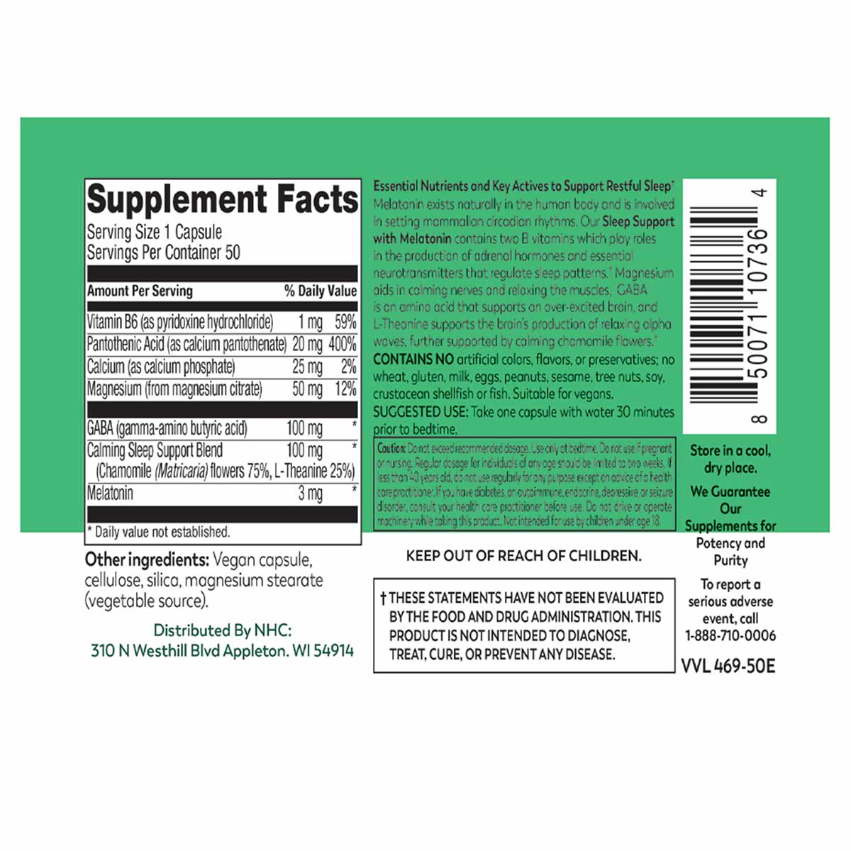 Bottle label for Sleep Support with Melatonin supplement showing Supplement Facts panel, ingredient list, and usage instructi
