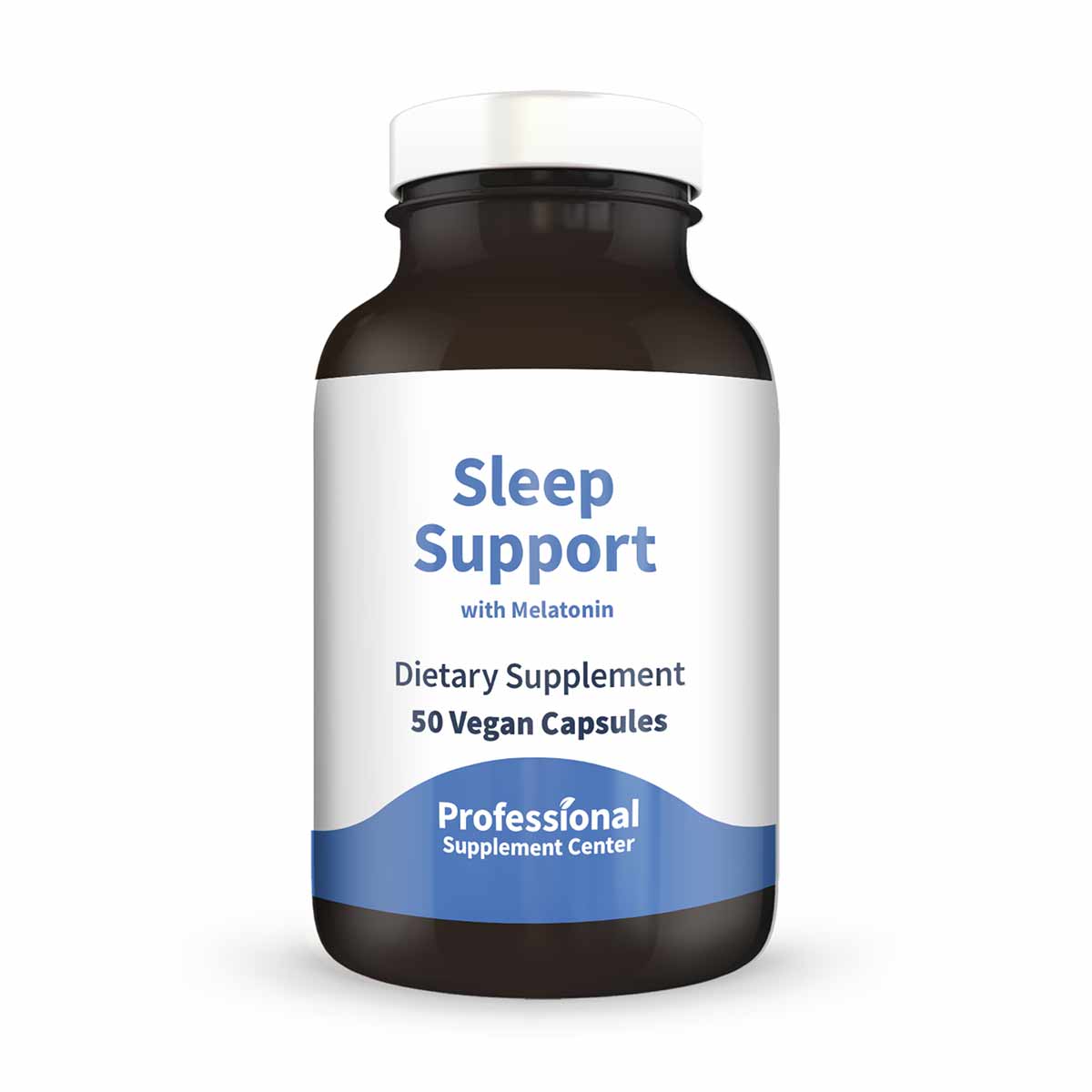 Bottle of Sleep Support with Melatonin dietary supplement containing 50 vegan capsules by Professional Supplement Center.