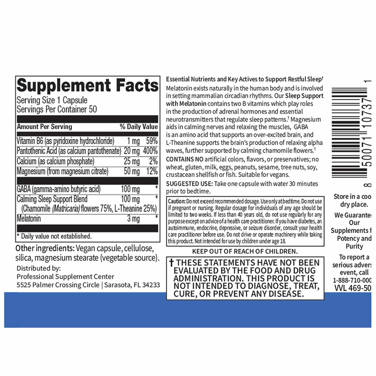 Supplement Facts label for Sleep Support with Melatonin capsules by Professional Supplement Center containing melatonin, GABA