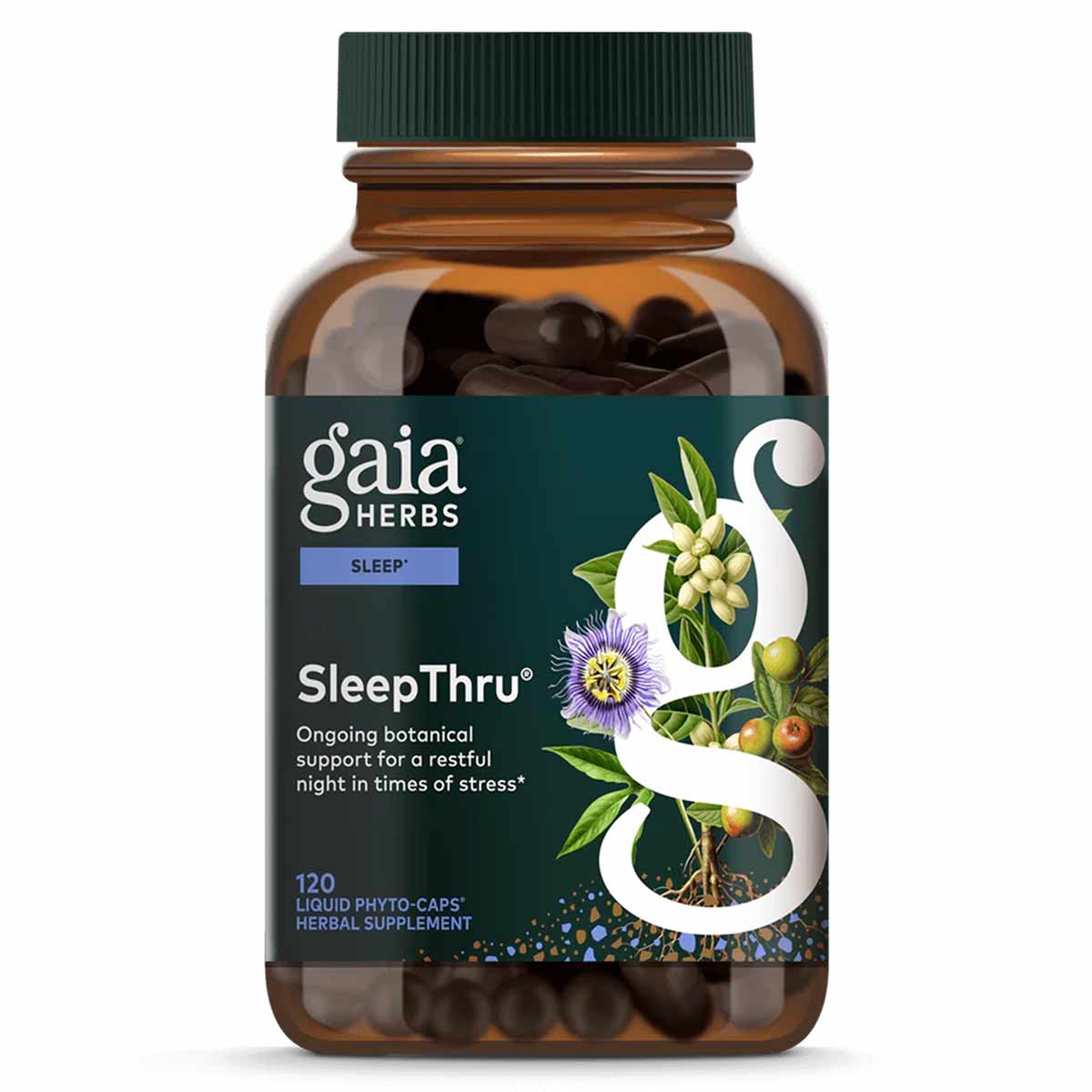 Gaia Herbs Sleep Thru herbal supplement bottle containing 120 dark liquid phyto-caps with green cap and teal label.