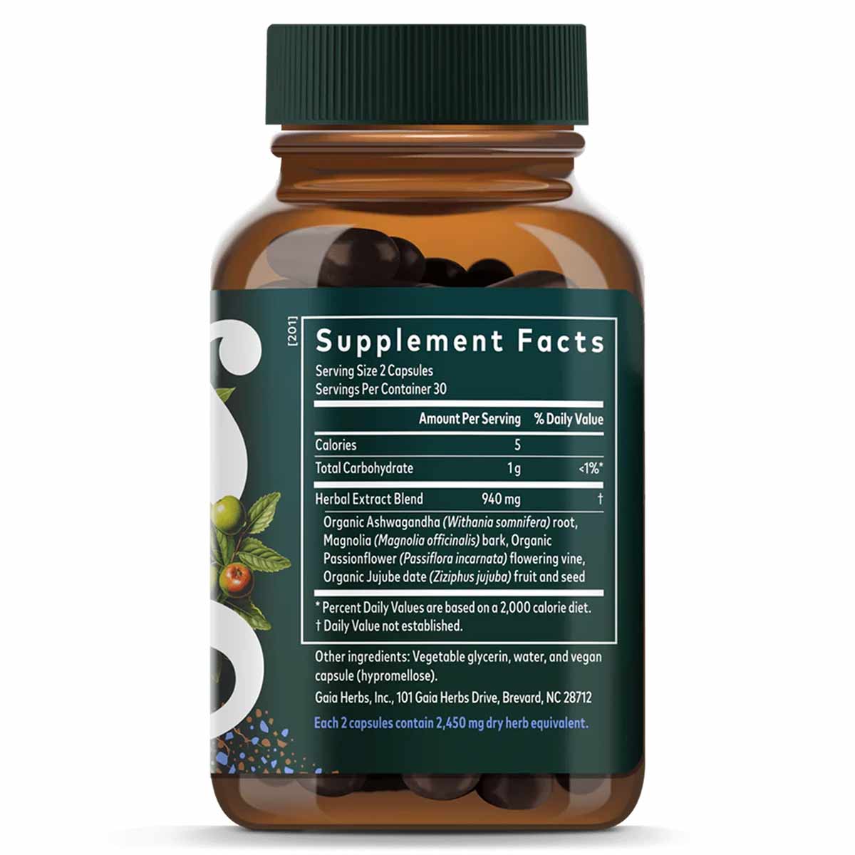 Brown glass bottle with green cap containing dark capsules and Gaia Herbs Sleep Thru supplement label.