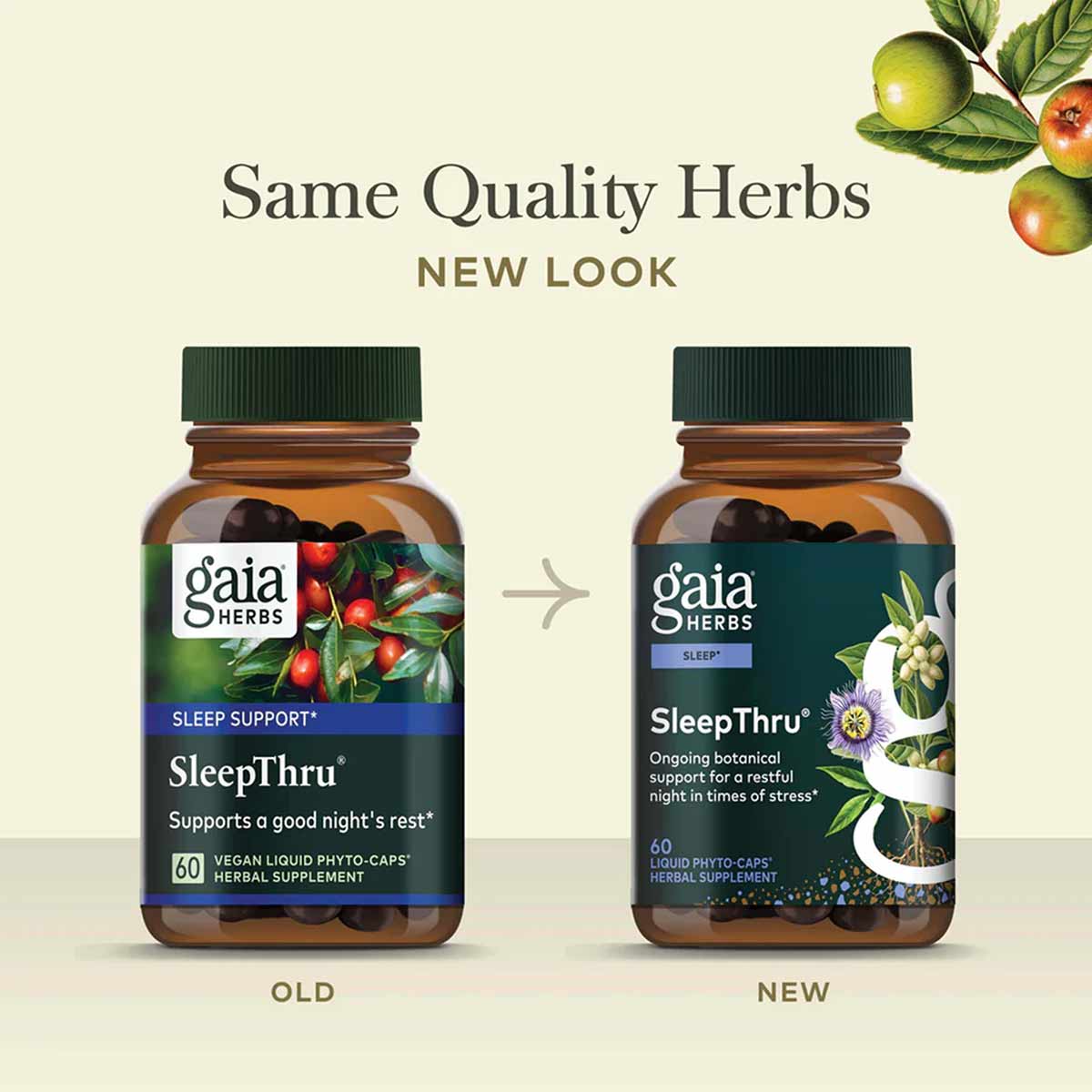 Two amber glass bottles with green caps labeled Gaia Herbs SleepThru, showing old and new packaging designs side by side.