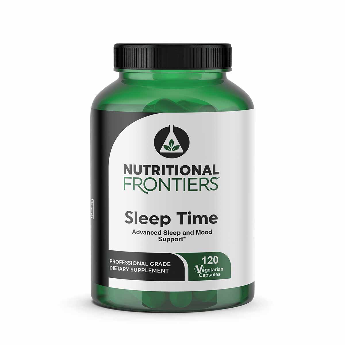 Green bottle of Nutritional Frontiers Sleep Time dietary supplement containing 120 vegetarian capsules with black screw cap.