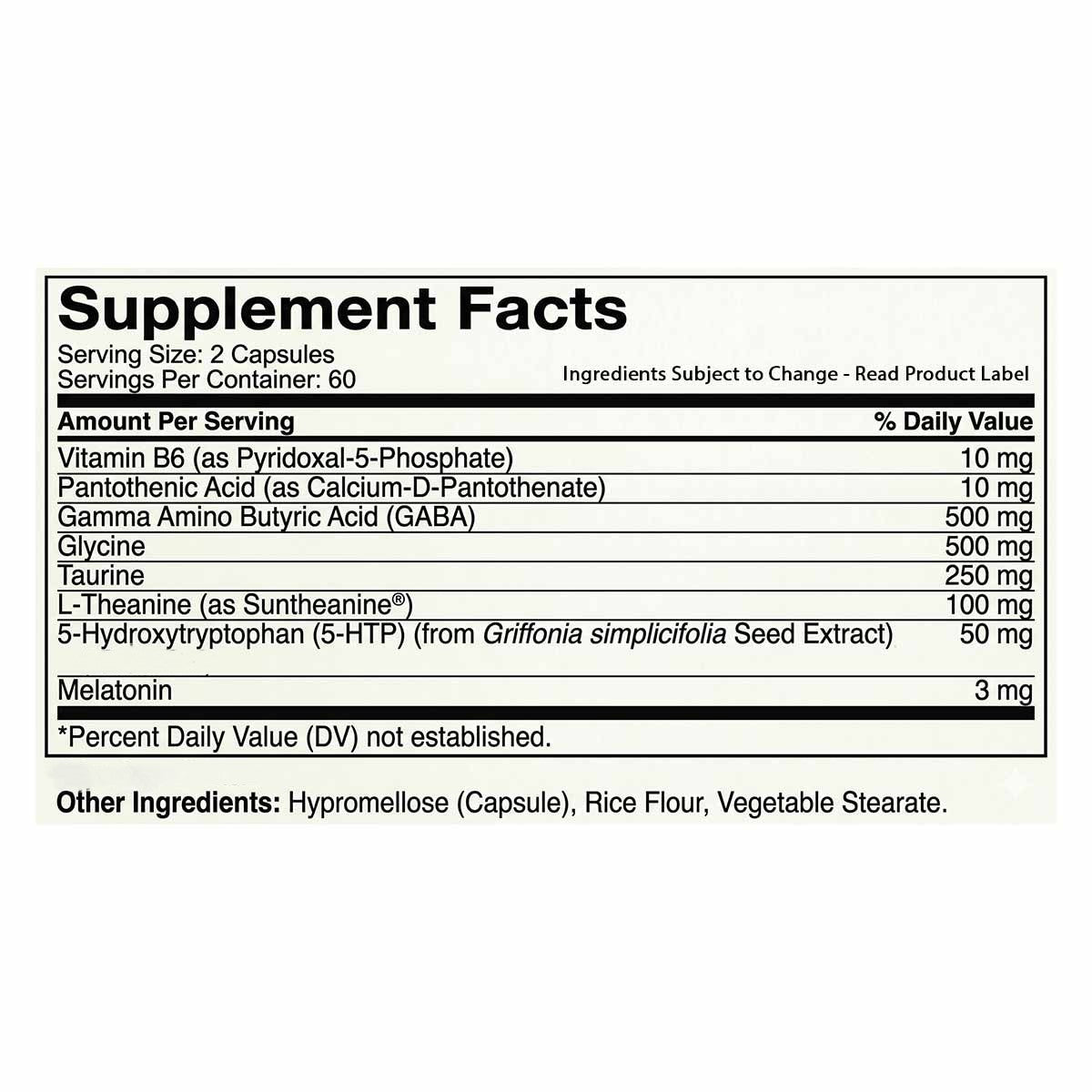 Supplement Facts label for Sleep Time New Formula showing serving size of 2 capsules with ingredients including melatonin, GA