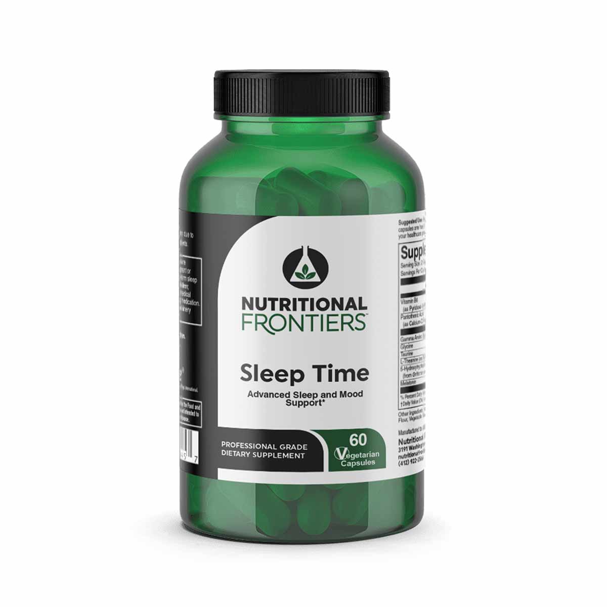 Green bottle of Sleep Time dietary supplement by Nutritional Frontiers containing 60 vegetarian capsules.