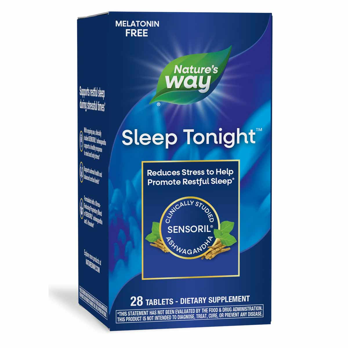 Blue and purple box of Nature's Way Sleep Tonight dietary supplement tablets containing Sensoril ashwagandha, 28 tablets.