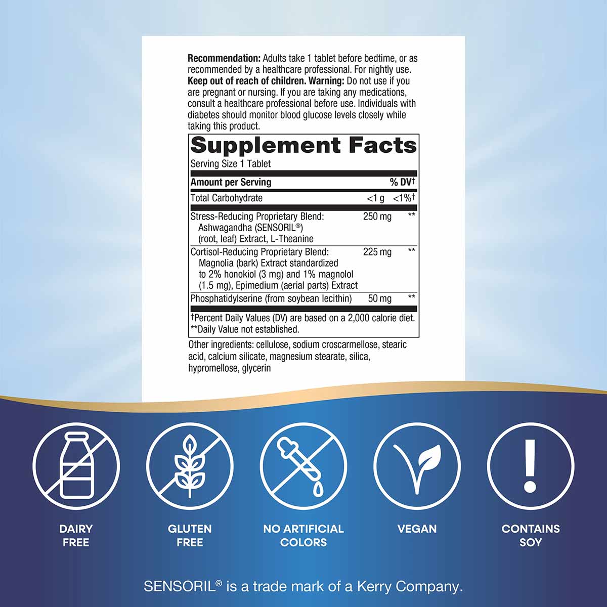 White supplement facts label for Sleep Tonight tablets showing ingredients including ashwagandha and magnolia extract, with b
