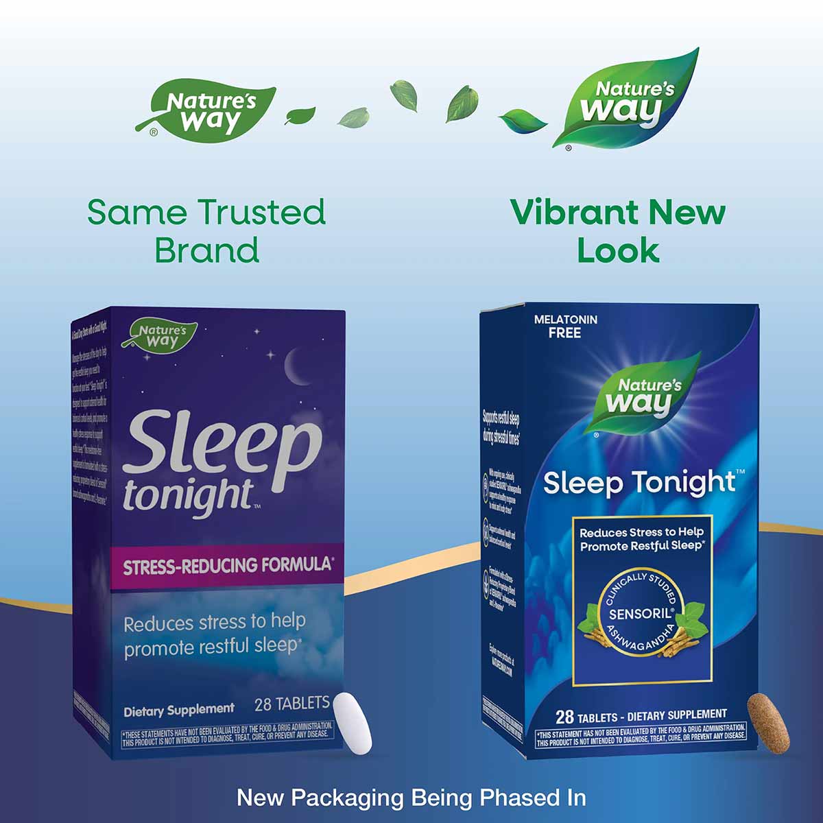 Two Nature's Way Sleep Tonight supplement boxes side-by-side showing old purple packaging on left and new blue packaging on r