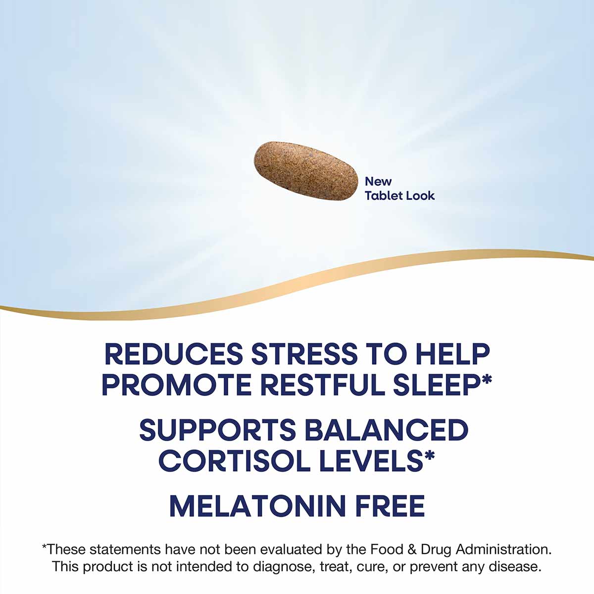 Brown oval tablet on light blue and white background with text describing sleep supplement benefits.