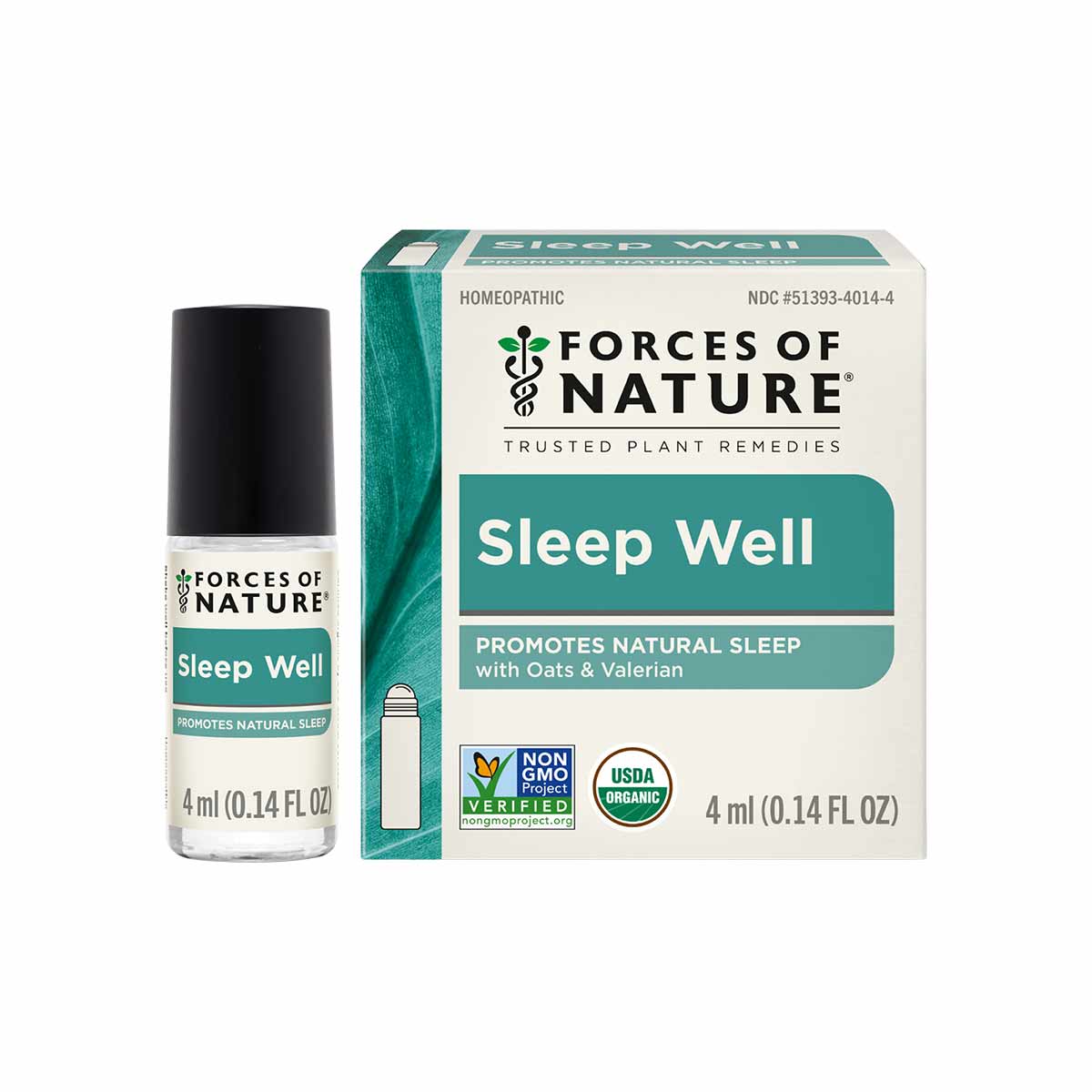 Sleep Well roll-on bottle with black cap next to its teal and cream packaging box labeled "Forces of Nature."