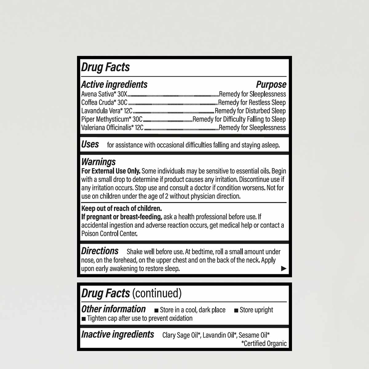 Sleep Well Roll-On drug facts label showing active ingredients, uses, warnings, directions, and inactive ingredients on white