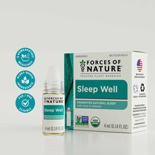 Small clear glass roll-on bottle with white cap next to teal and white box labeled "Sleep Well" by Forces Of Nature, 4ml size