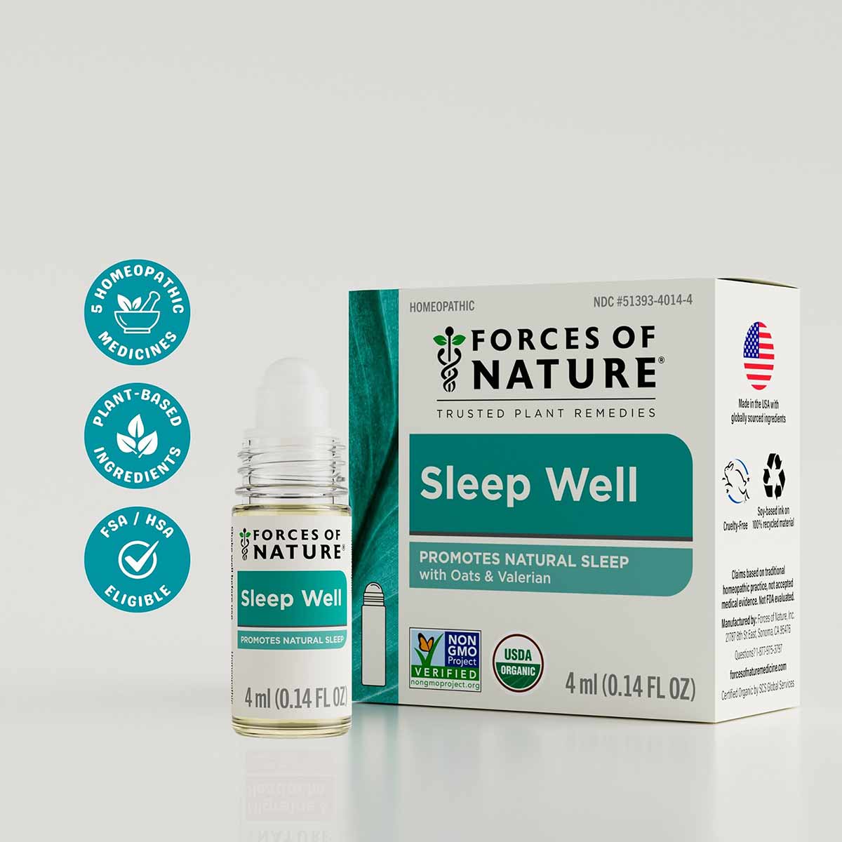 Small clear glass roll-on bottle with white cap next to teal and white box labeled "Sleep Well" by Forces Of Nature, 4ml size