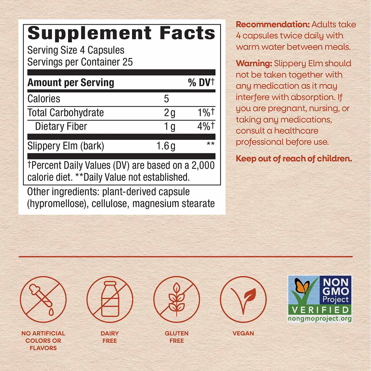 Supplement facts label for Slippery Elm Bark capsules showing 1.6g per serving, with dietary information and ingredient list.