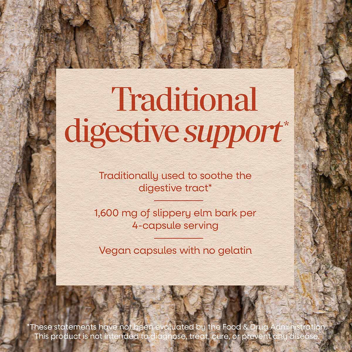 Cream-colored product label with red text on textured tree bark background describing slippery elm bark supplement.