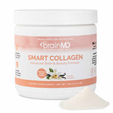 White container with peach band labeled Smart Collagen by BrainMD, 163g, with vanilla flower illustration and powder sample b