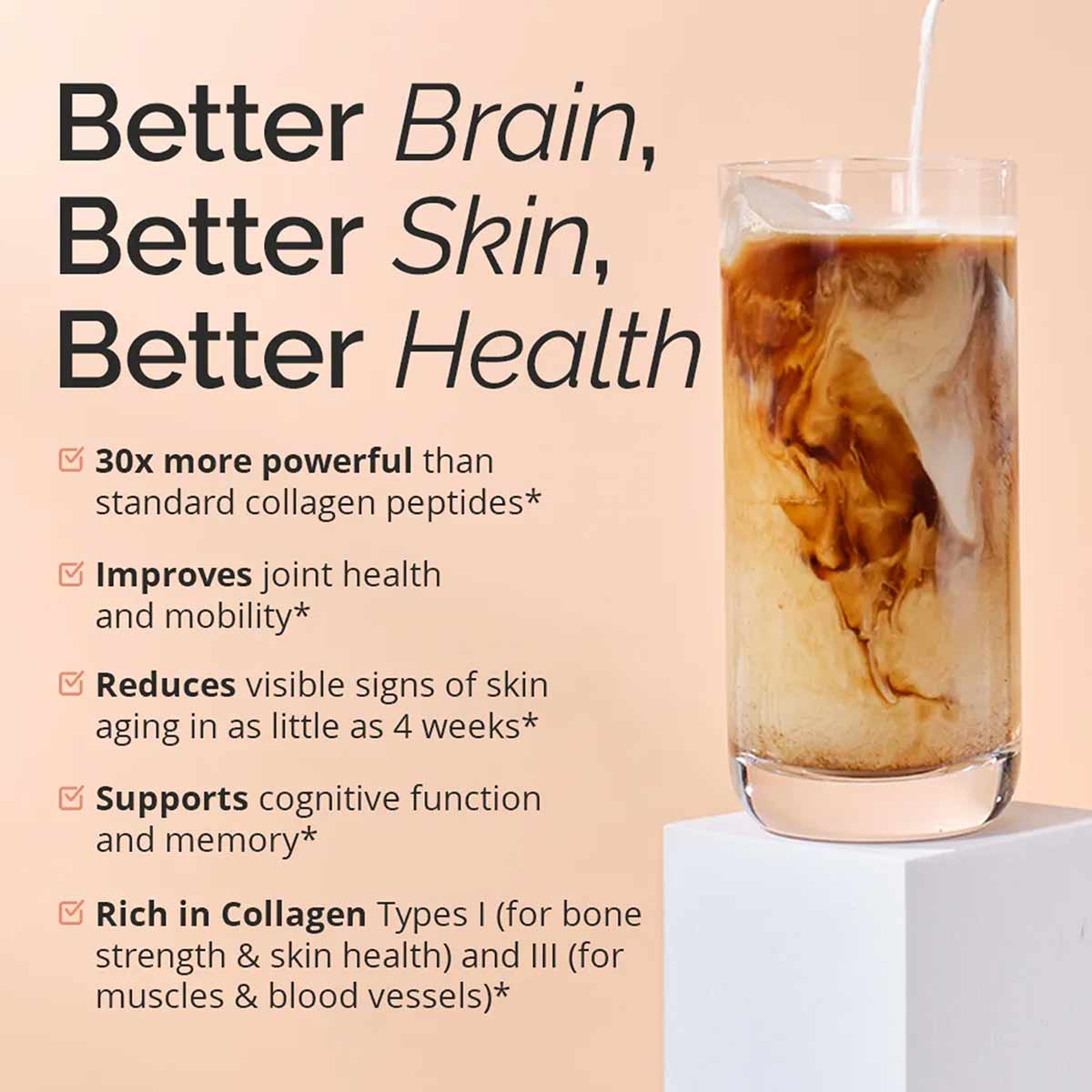 Glass of brown liquid with white straw on white platform next to beige background with product claims text.
