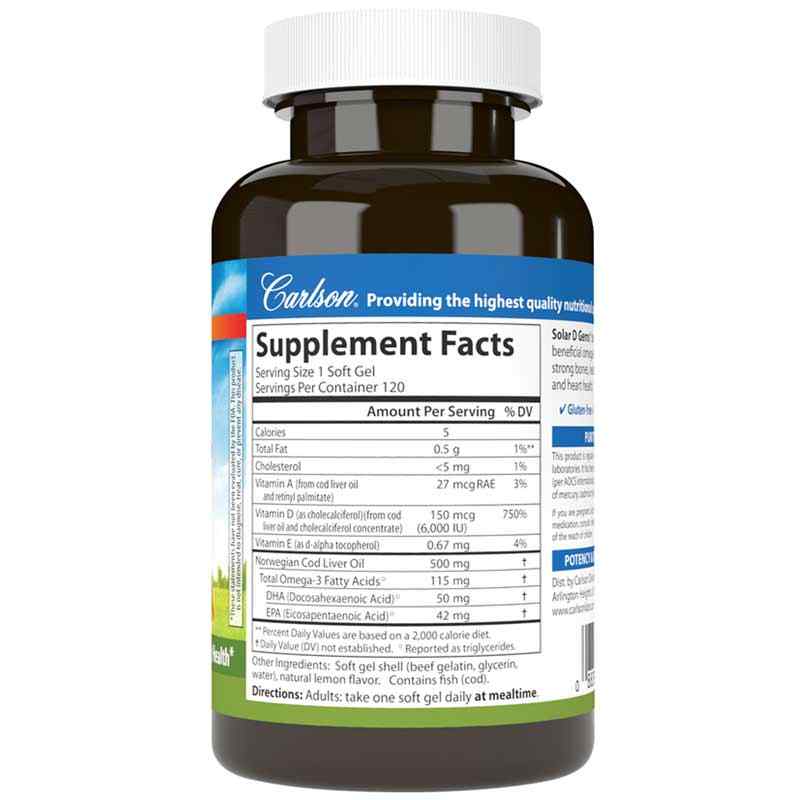 Solar D Gems 6000 IU Vitamin D3 + Omega 3s with Natural Lemon Flavor, 120 Softgels, by Carlson Labs, image #2