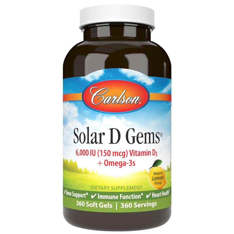 Solar D Gems 6000 IU Vitamin D3 + Omega 3s with Natural Lemon Flavor, 360 Softgels, by Carlson Labs