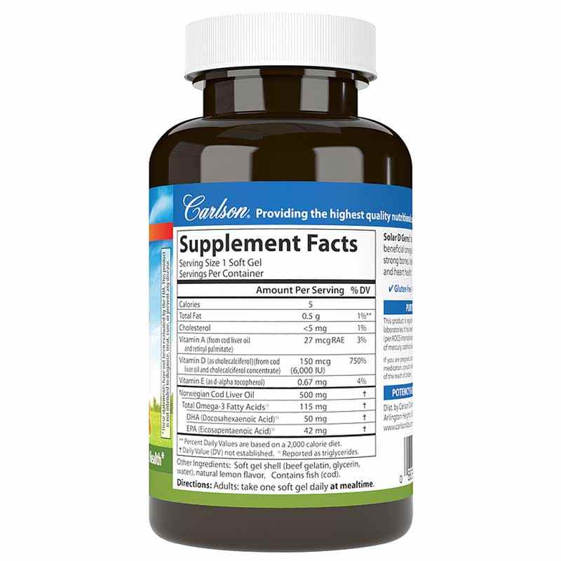 Solar D Gems 6000 IU Vitamin D3 + Omega 3s with Natural Lemon Flavor, 360 Softgels, by Carlson Labs, image #2