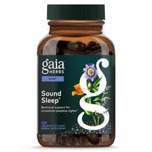 Brown glass bottle with green cap containing dark herbal supplement capsules, labeled "Gaia Herbs Sound Sleep" with botanical