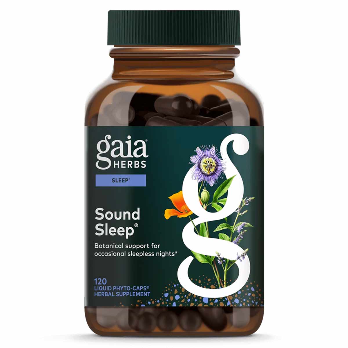 Brown glass bottle with green cap containing dark herbal supplement capsules, labeled "Gaia Herbs Sound Sleep" with botanical