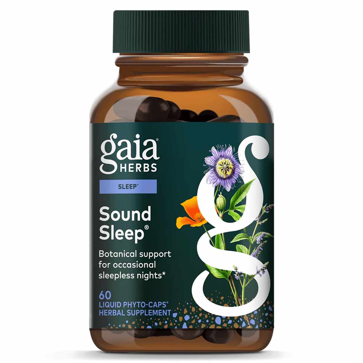 Gaia Herbs Sound Sleep herbal supplement bottle with green cap containing 60 liquid phyto-caps.