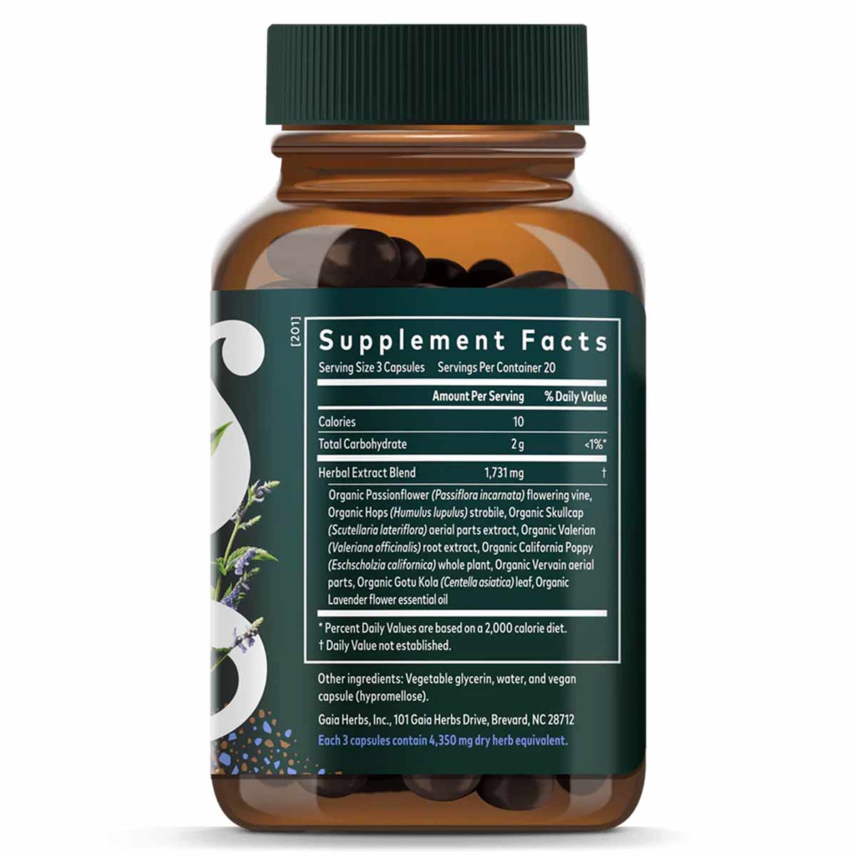 Brown glass bottle with green cap containing dark capsules, labeled with Supplement Facts and herbal ingredients including pa