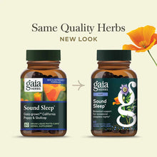 Two amber glass bottles of Gaia Herbs Sound Sleep supplement with green caps, showing old and new label designs side by side.