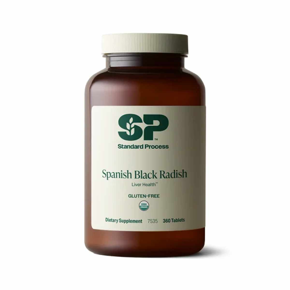Brown glass bottle with cream label showing Standard Process Spanish Black Radish dietary supplement, 360 tablets.