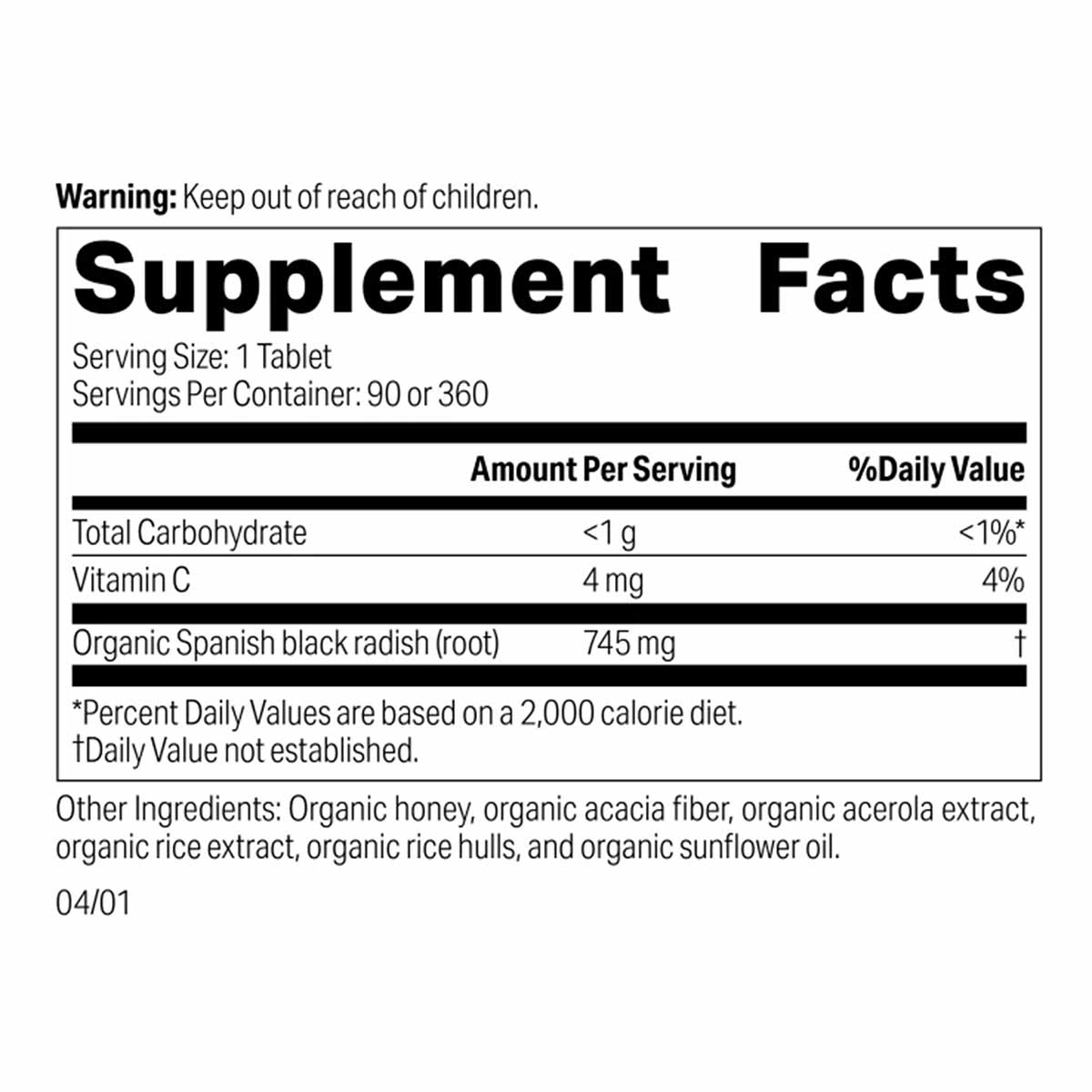Supplement Facts label for Spanish Black Radish tablets showing serving size, nutritional information, and ingredient list.